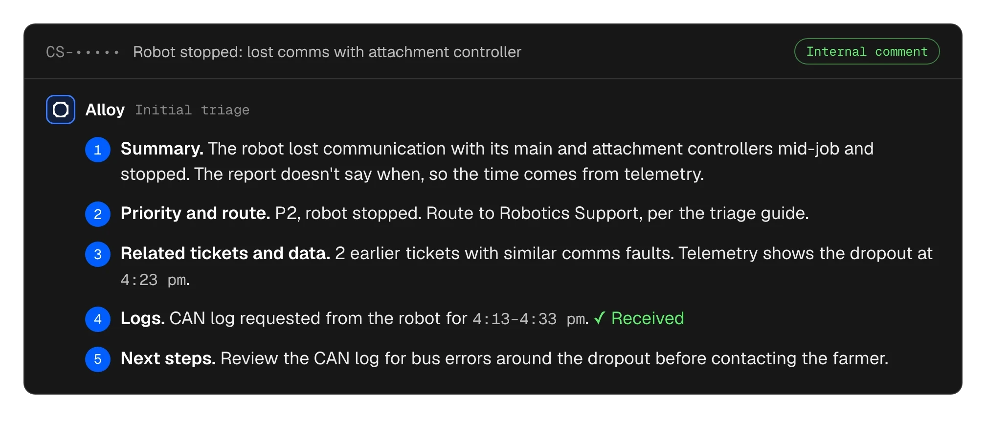 Illustrative Alloy internal comment on a Jira ticket, annotated with five steps: summary, priority and route, related tickets and telemetry, logs requested from the robot, and next steps for a person to review.